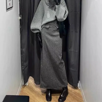 Elegante gonna longuette di lana Donna Vintage Sexy Split Hip Wrap Gonne Inverno Donna Coreana Design a vita alta con spacco A Line Faldas Nuovo 1