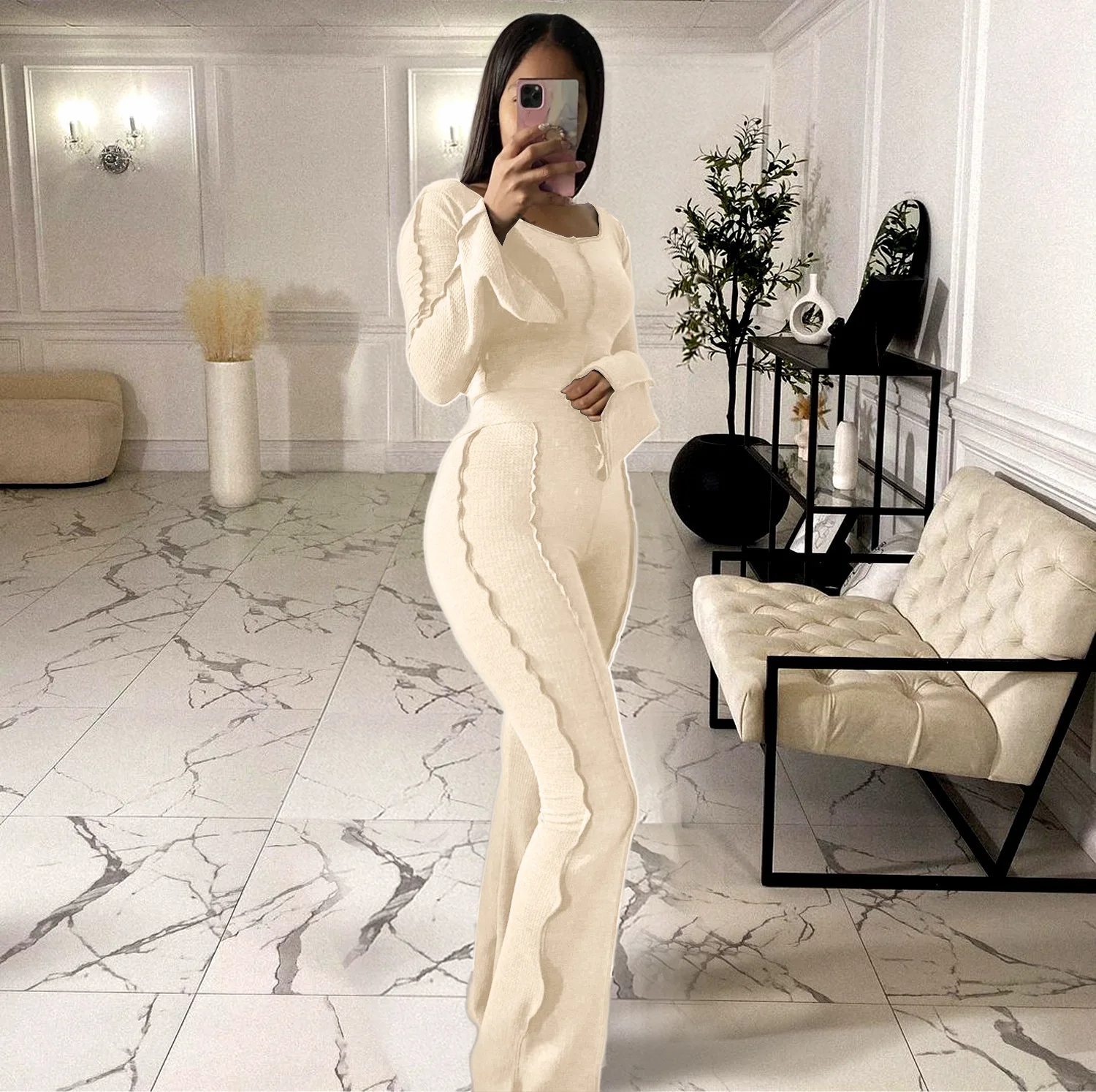 Spring 2023 Women's Two-Piece Long-Sleeved Top + Flared Pants Sports Suit Casual Lady Commuting 2-Piece Set Outfits