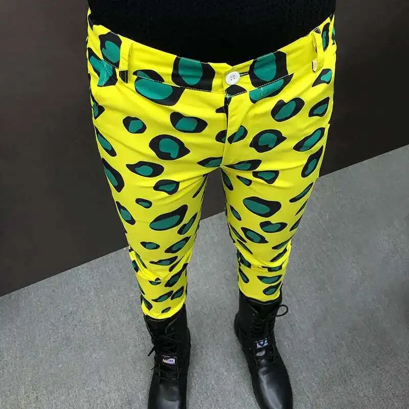 Spring Yellow Male Casual Pants Singer Stage Wear Mens Fashion Floral Print Suit Trousers Hip Hop Nightclub Stage Singer DJ
