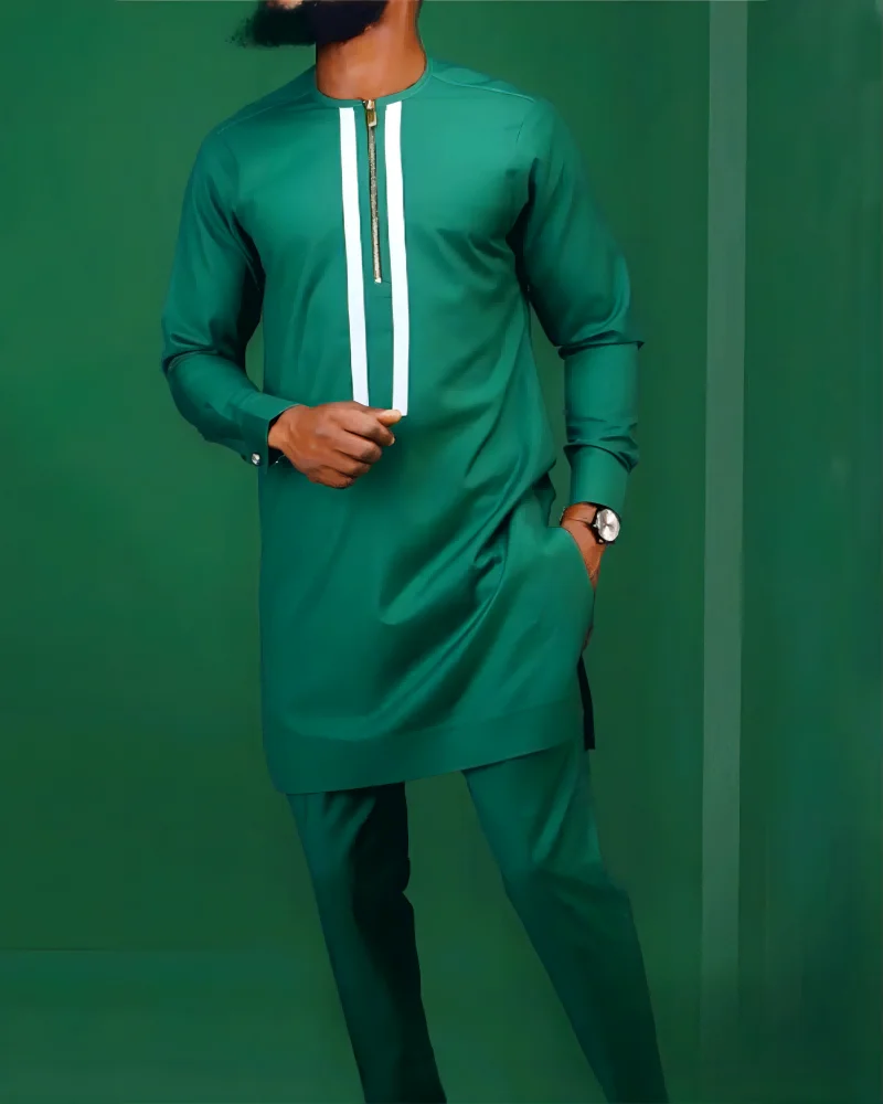 Dashiki's Popular New Product is A Hot Selling Muslim Banquet Ethnic Men's Two-Piece Green Personalized Zipper Perfect Suit