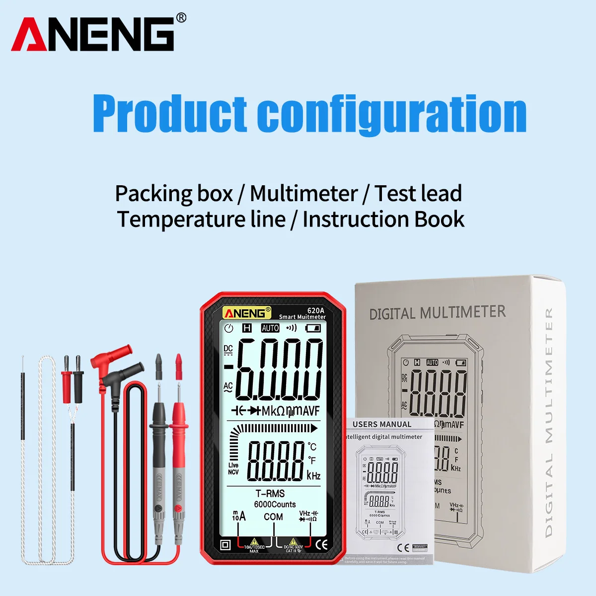 ANENG 620A Digital Multimeter LCD Display AC/DC Ultraportable True-RMS Multimeter Auto-Ranging with Amp Volt Ohm Multi Tester