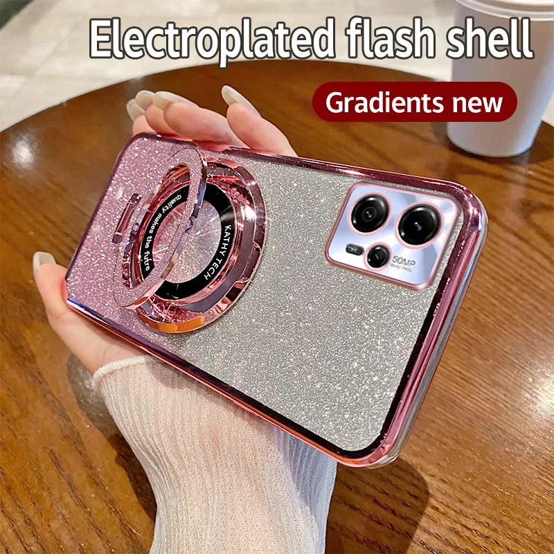 Glitter Electroplated Phone Case with Magnetic Stand and Shockproof Silicone Bumper