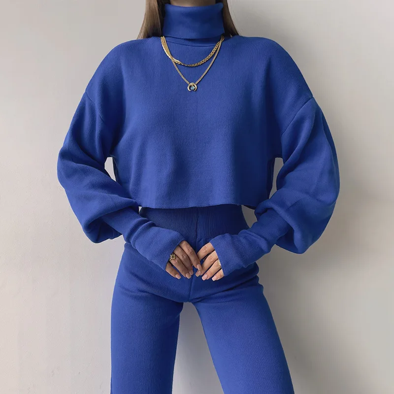 

Elegant Turtleneck Top Pullover & High Waist Pants Suit Fashion Warm two peice sets Autumn Winter Solid Knitted Sweater Outfits