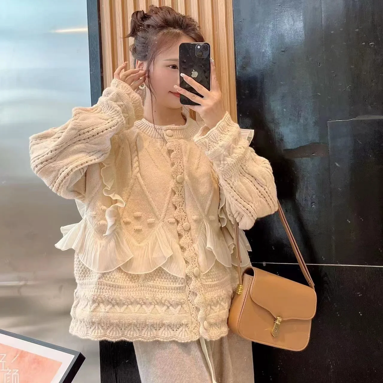 

Oversized Cardigan Tops Women Clothing Pull Femme Patchwork Lace Ruffles Sweet Sueter Mujer Fashion Casual Knitted Sweater Coat