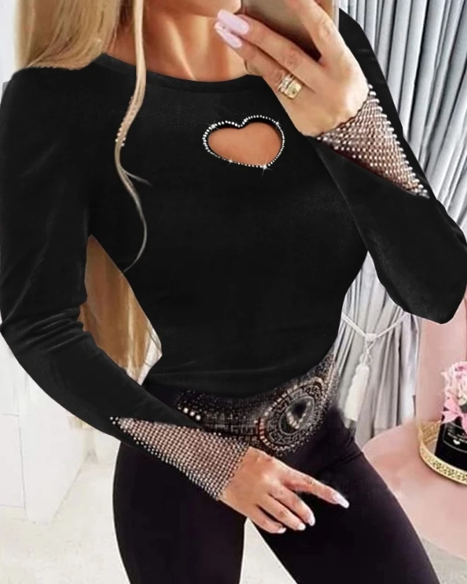 Woman Sexy Blouses 2024 Autumn Rhinestone Hollow Heart Velvet Patchwork Ribbed Knitted O-Neck Sweater Long Sleeve Slim Pullover