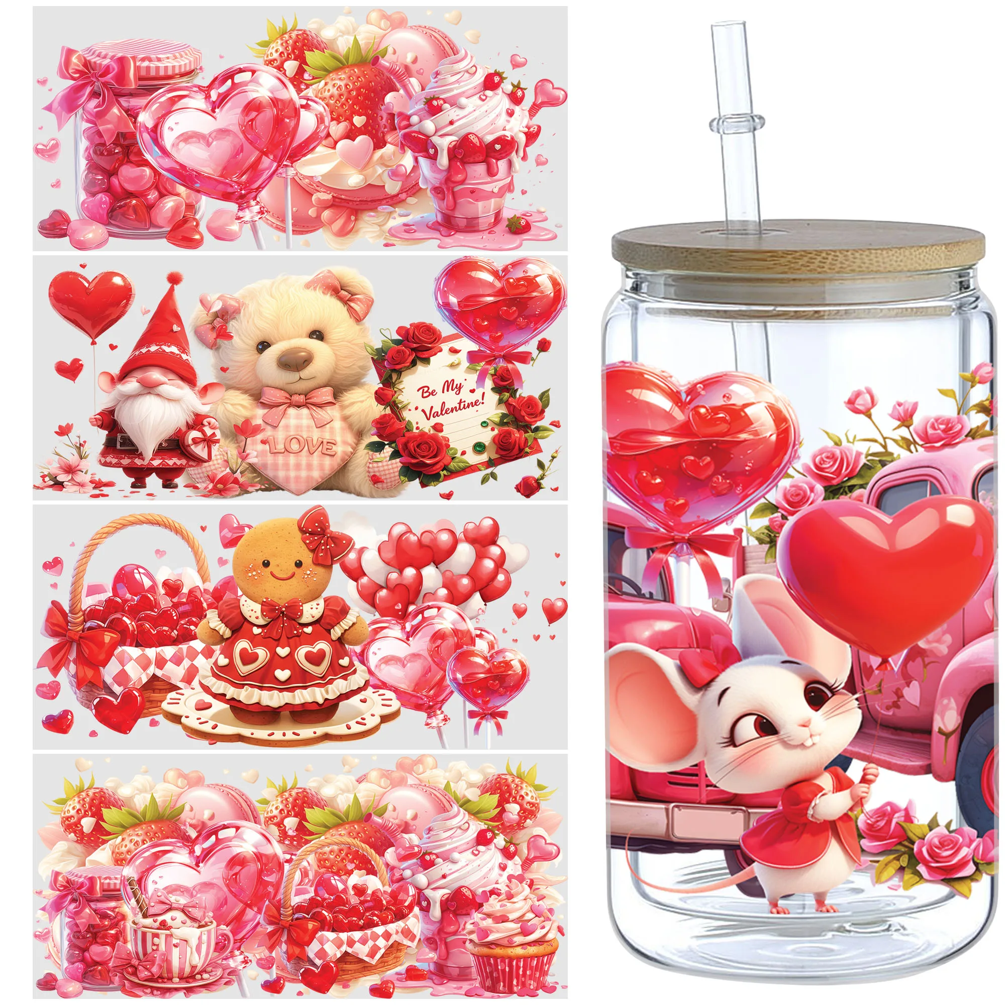 5 Sheets Valentine's Day Candy UV DTF Cup Stickers Waterproof Delicious Candy Wipeable Transfer Paper for 16 Ounces Glass Cups