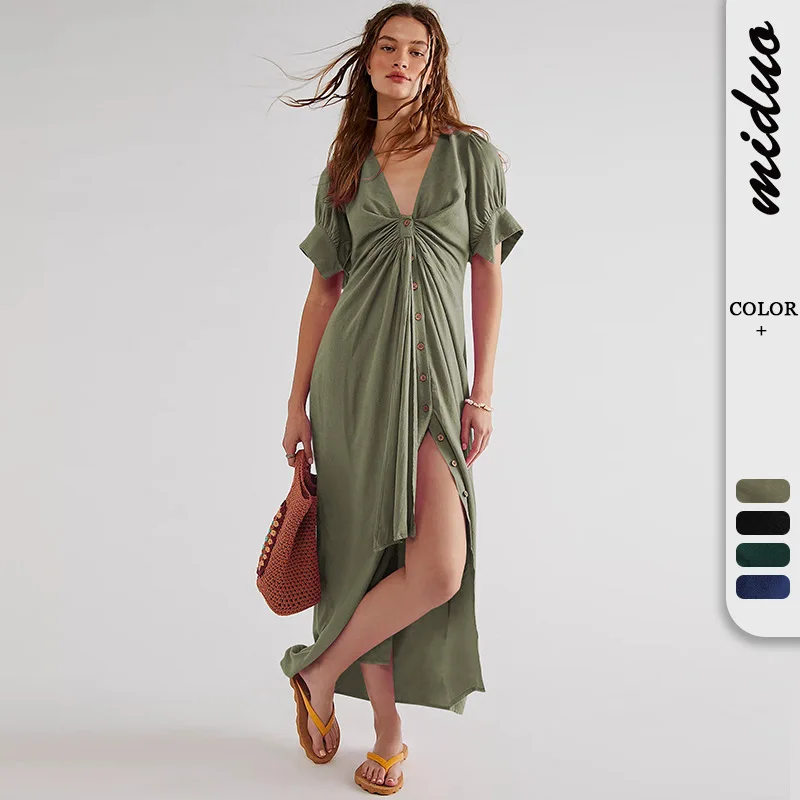 

Summer Beach Maxi Dress Women Long Dress Casual V-Neck Split Sexy Party Dress Button Cardigan Tie Short Sleeve Loose Dress