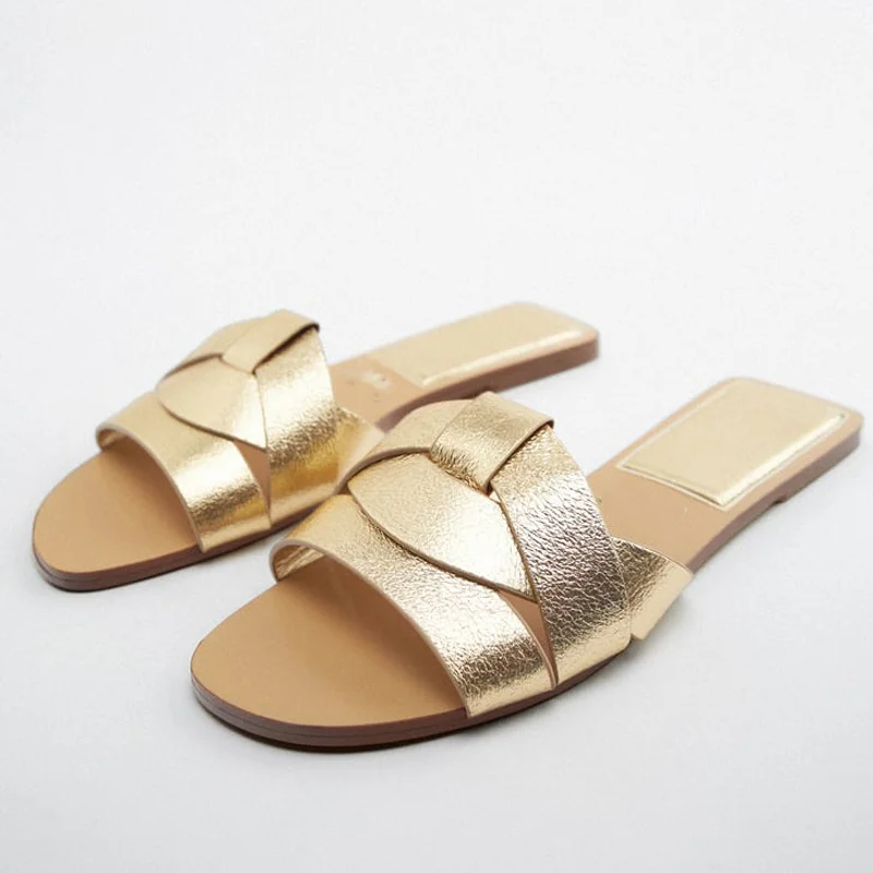 Summer Flat Slippers Gold Flat Sandals Criss-Cross Leather Chic Slide Sandals -S1d13d4a086b54402b22d03726a1b86156
