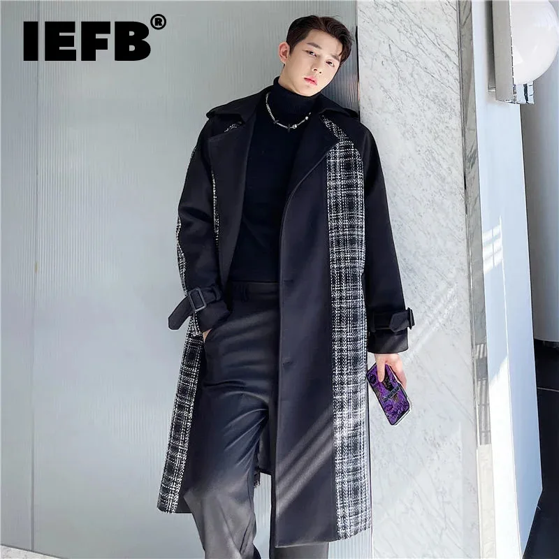 

IEFB Men's Woolen Coat New Trend Patchwork Belted Asymmetric Off Shoulder Long Sleeve Tweed Overcoat Autumn Winter 2023 9A0546