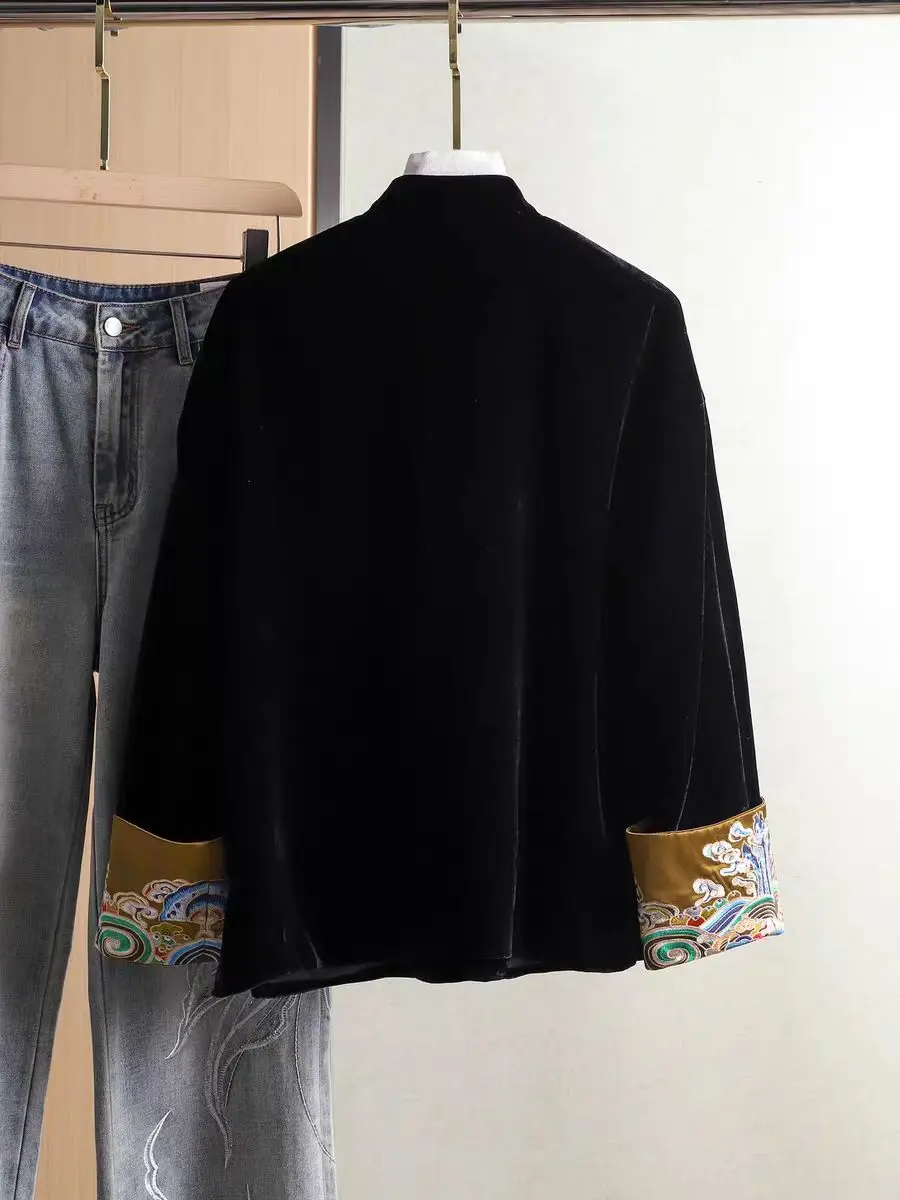 Autumn New Small Stand Collar Color Single breasted Retro Chinese Style Embroidered Cuffs Silk + Velvet Jacket for Women S-XXL