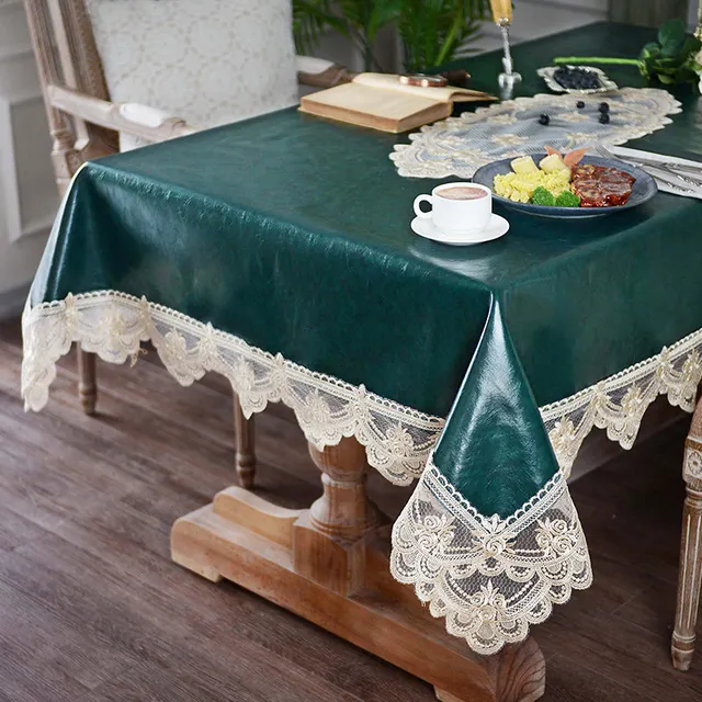 Green PU Leather Table Clothes for Dining Table Waterproof Party Events Embroidered Lace Oil Proof Coffee Table Cover Wipe Clean