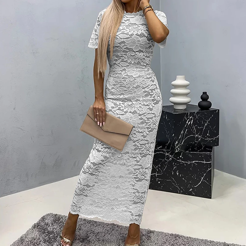 

White Sexy Embroidery Lace Jacquard Dress Women Spring O Neck Slim Bodychon Hips Dress Summer Short Sleeve Boho Long Dress Mujer