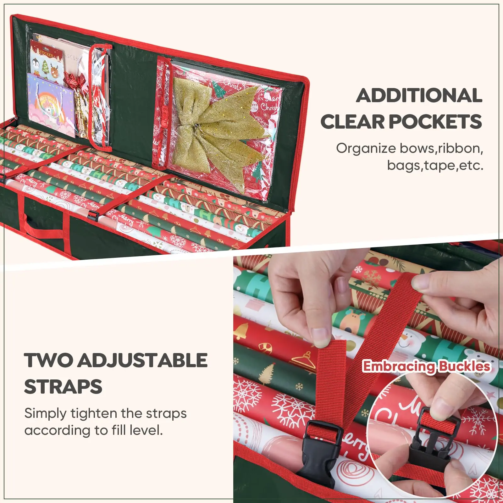 Gift Wrapping Organizer Wrapping Paper Storage Organizer bag for Christmas Gifts Paper Underbed Container with Interior Pockets Fits 24 Rolls