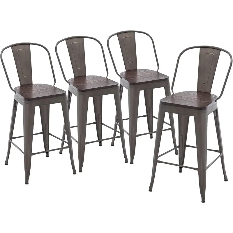 

Bar Stools Set of 4 Farmhouse Counter Height Chairs High Back Kitchen Bar Chairs 24" Cream White Metal Barstools with Wooden