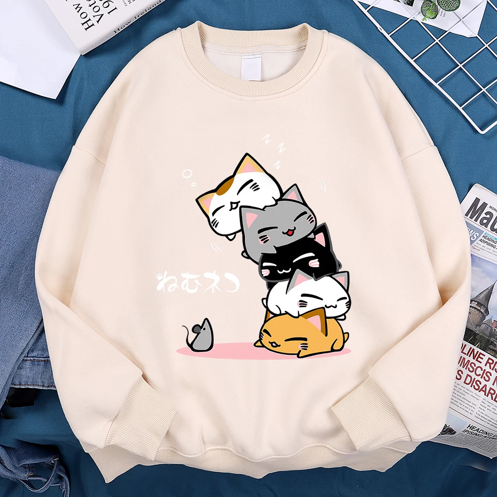 Cute Stacked Cats Sleeping Don'T See The Mouse Men Clothing Anime Pullover Hoodies Loose Fleece Hoody Casual O-Neck Streetwear
