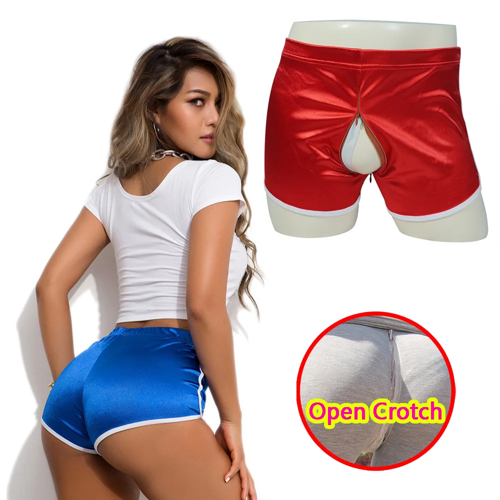 Woman Crotchless Mini Pants Erotic Hidden Zipper Shorts Open Crotch Sport Panties Couple Booty Adult Outdoor Sex Game Costume image