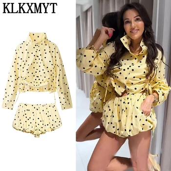 KLKXMYT Yellow Polka Dot Shorts Sets Women Drawstring Stand Collar Short Coat Casual Shorts Woman Outfit Streetwear Chic Suit ﻿