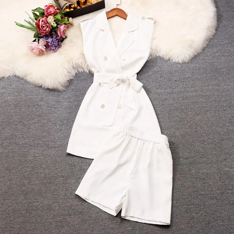 2023 New Fashion Design Feel Loose Bow Tie Sleeveless Blazer Tank Top Wide Leg Shorts Suit Casual Office Lady 2 Piece Set Summer