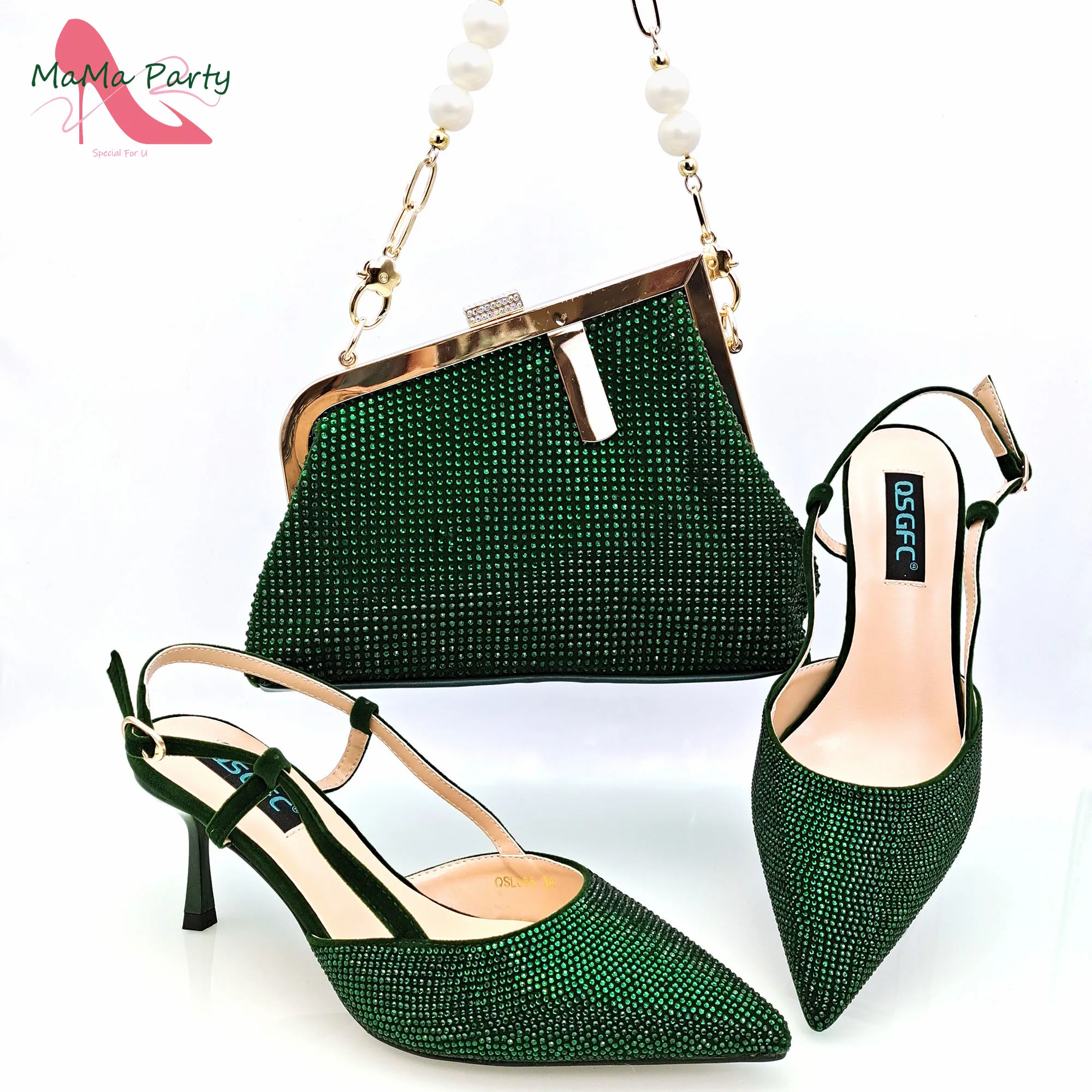 Women Shoes Matching Bag Set with Shinning Crystal with Thin Heels