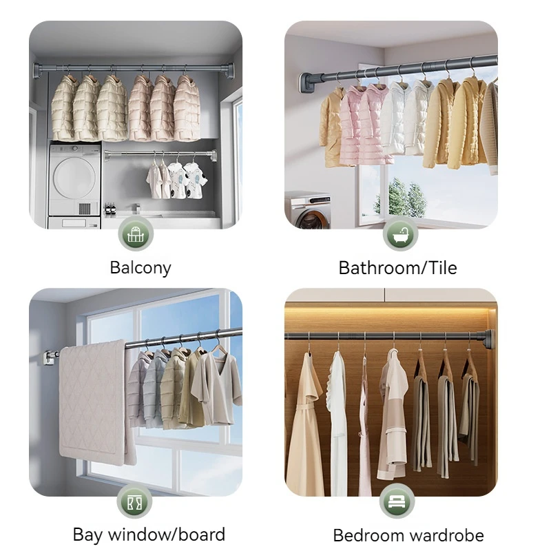 Up To 2.7m Adjustable Stainless Steel Shower Curtain Rod Clothes Drying Rack No-Drill Telescopic Pole for Laundry Room Bathroom curtain rods