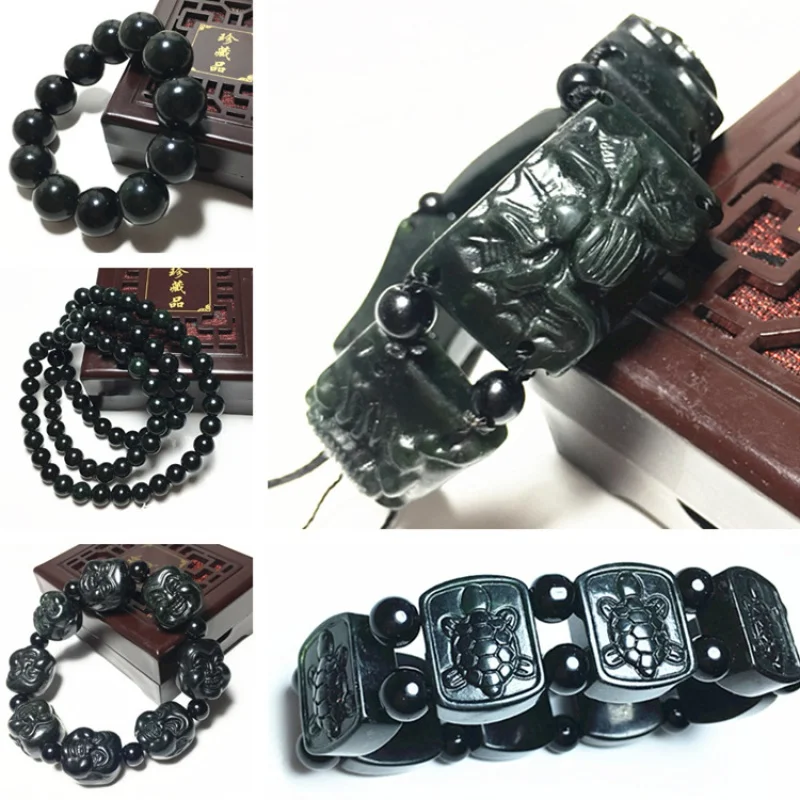 

10pc Natural Black Ink Jade Buddha Head Dragon Turtle Crane round Beads Bracelet with Magnetic Men's Medicine King Stone Bra