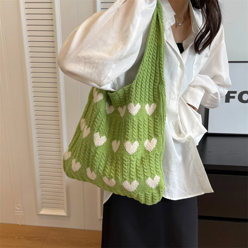 Knitted Love Tote Bag Premium Feeling Exquisite Handbag Wool Simple Fashion Shoulder Women Shopping Bag