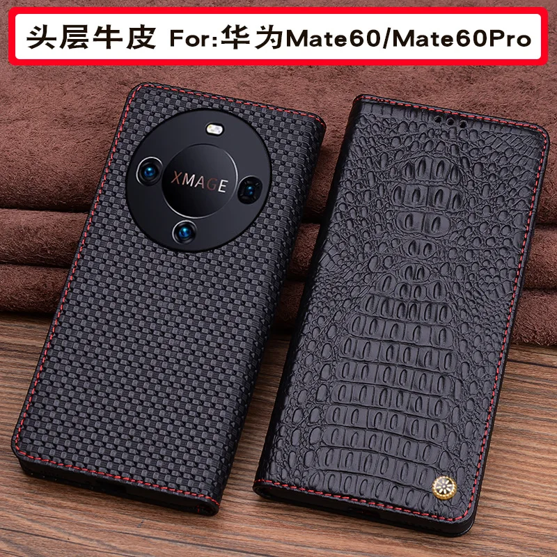 Lluxury Genuine Leather Magnet Clasp Phone Flip Case For Huawei Mate 60 Mate60 Pro Crocodile Grids Grain Stitching Holder Cover