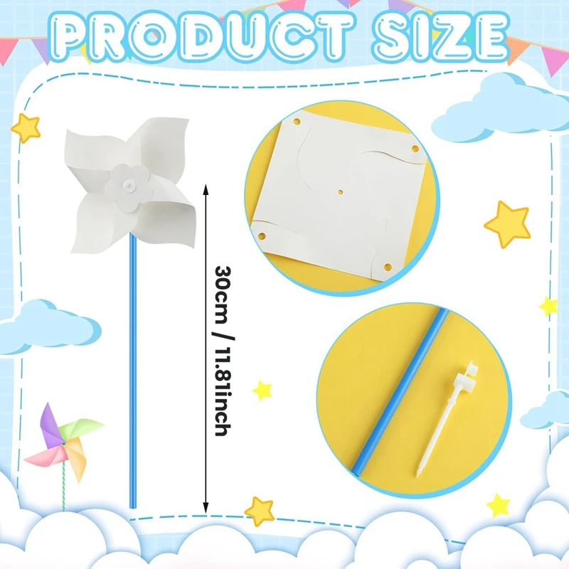A20F-48 Pcs DIY 바람개비 공예 흰색 빈 종이 바람개비 색상 어린이를위한 자신의 바람개비 여름 활동 예술