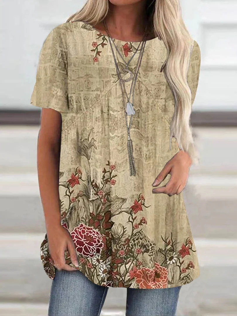 

Plus Size Women Short Sleeve Scoop Neck Floral Printed Top