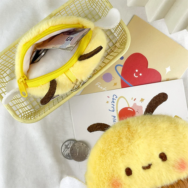 Cartoon Bee Coin Purse Soft Plush Zipper Small Wallet Girls Kawaii Data Cables Earphones Bag Key Pouch