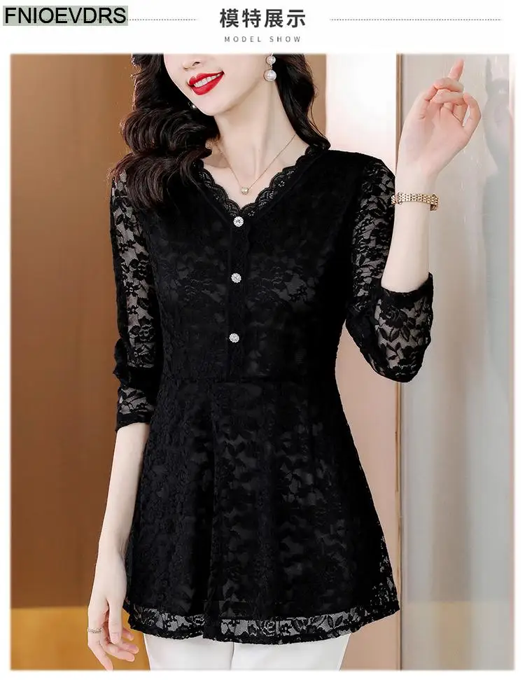 M-5XL 2023 Women Winter Spring Basic Black Lace Shirts Elegant Office Lady Loose Casual Ruffles Tunic Peplum Tops And Blouses