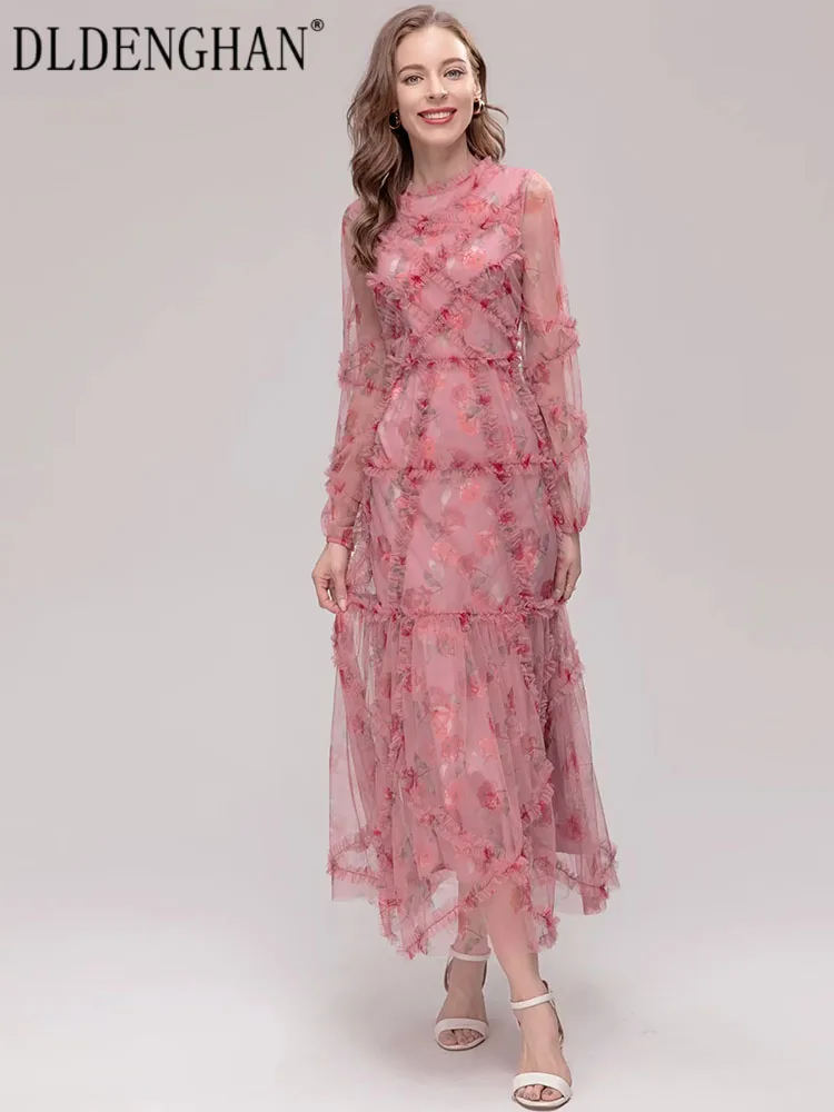 

DLDENGHAN Spring Summer Mesh Dress Women O-Neck Lantern Sleeve Floral Print Ruffle Bohemian Party Long Dress Fashion Runway New