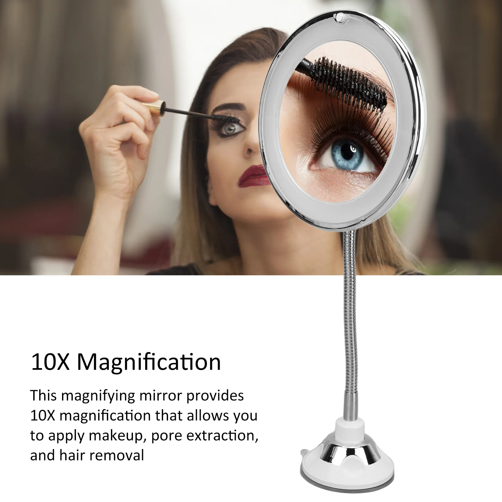Magnifying Mirror 10X Magnification LED Fill Light Suction Cup Adjustable Gooseneck Makeup Mirror for Home  Makeup Mirror