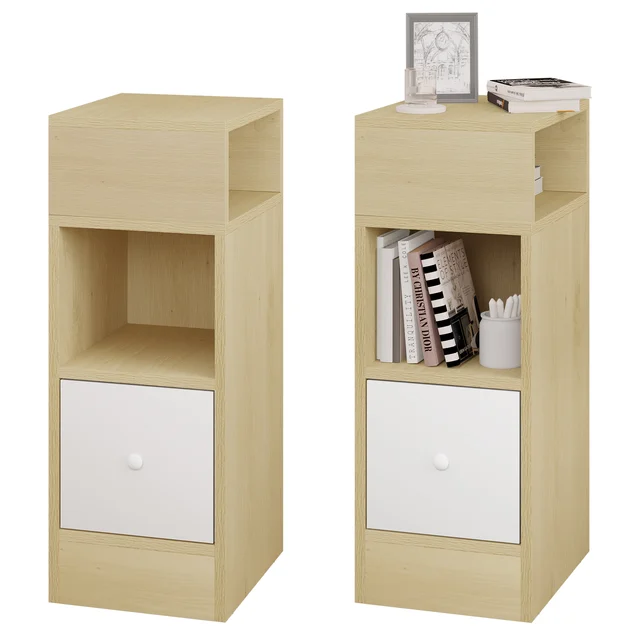 2PCS/SET Narrow Bedside Table Nightstand with 2 Open Shelves 1 Drawer Side Table Storage Cabinet Coffee Table for Bedroom Decor