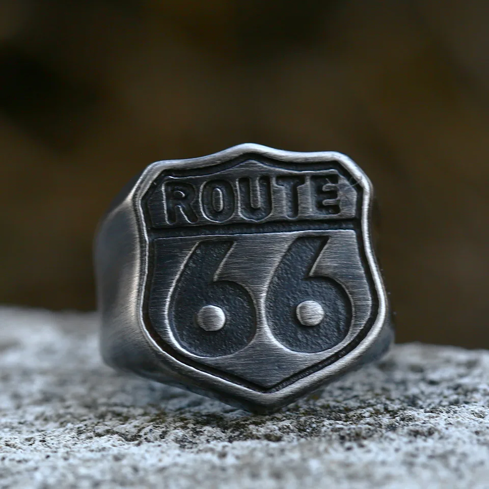 Stainless Steel Ring 316L Antique Silver Fashion Male Biker Route 66 For Men