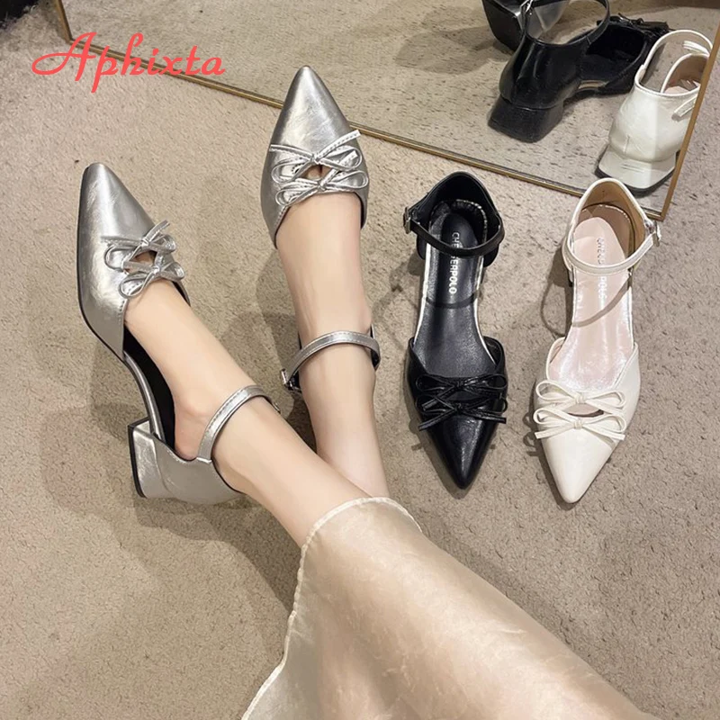 Aphixta Butterfly Knot Dec Summer Sandal Pointed Toe Sweet Sandals Silver Low Heels Dress Woman Shoes Pimp sandalias de mujer
