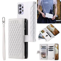 Leather Wallet Lanyard Flip Phone Case with Zipper Card Holder Cover for Samsung A73 (5G) (White)