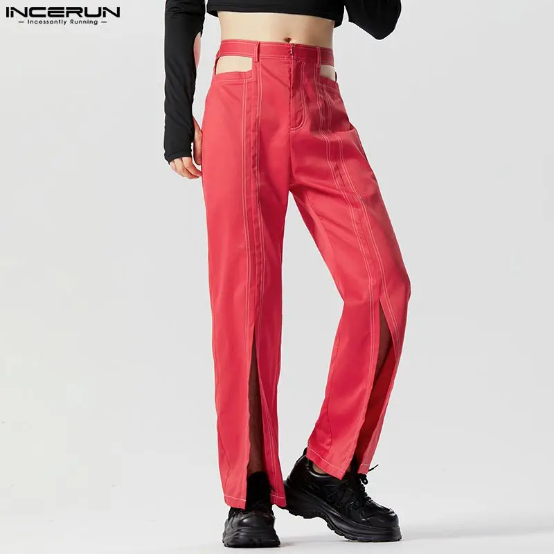 

INCERUN 2023 American Style Trousers Men Waist Hollow Line Design Pant Casual Fashionable Split Hem High waisted Pantalons S-5XL