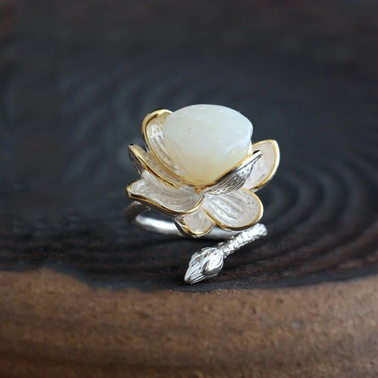 Bague En Argent 925 Fleur De Lotus Et Magnolia Avec Jade Blanc - Réglable, Neuve Avec étiquettes