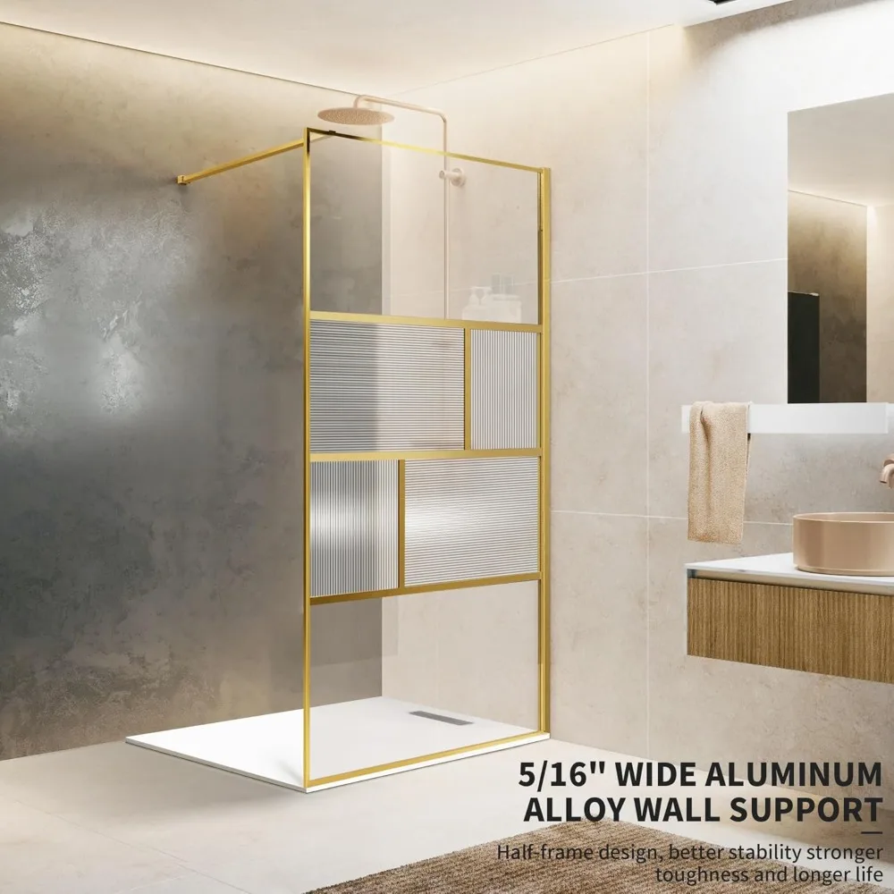 Shower Glass Door, Modern Grid Shower Door 34 * 78 Inch, 5/16"(8mm) Clear Tempered Glass and Fluted Glass Shower Panel 3