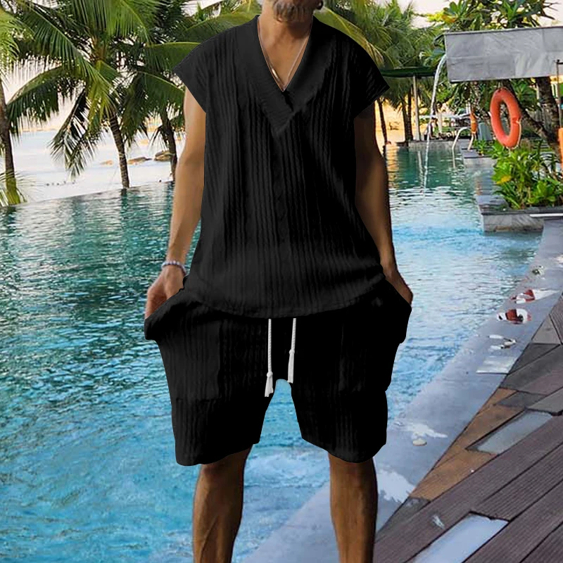 2024 Summer New Men's Set Quality Jacquard Knit Casual Sleeveless V-neck Vest Top Shorts Two-piece Men's Clothing Free Shipping S1d157fe34b4c4d7488b60e30223e8025P
