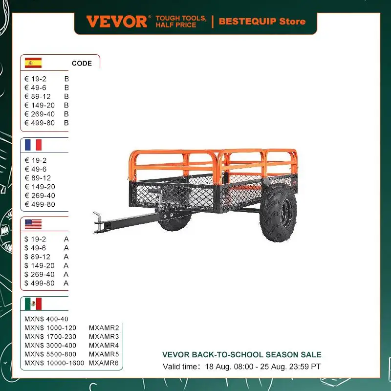 VEVOR Heavy Duty Steel ATV Dump Trailer Tow Behind Dump Cart Garden Trailer with Removable Sides and Tires for Mowers Tractors