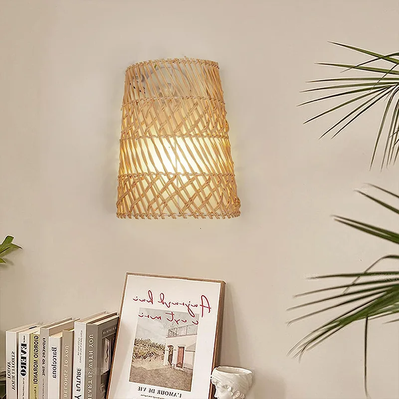 Chinese Style Rattan Wall Light Indoor interior wall light Kitchen Bedside Bedroom Living Room Light Sconces For Wicker Wall