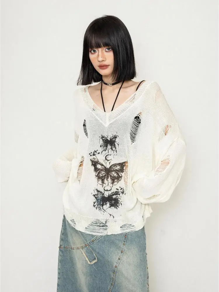 Yedinas Loose Hollow Out Knitted Tops Long Sleeve Autumn Print Women's Sweater Pullovers Lazy Style Knitwear Korean Trend 2024 4