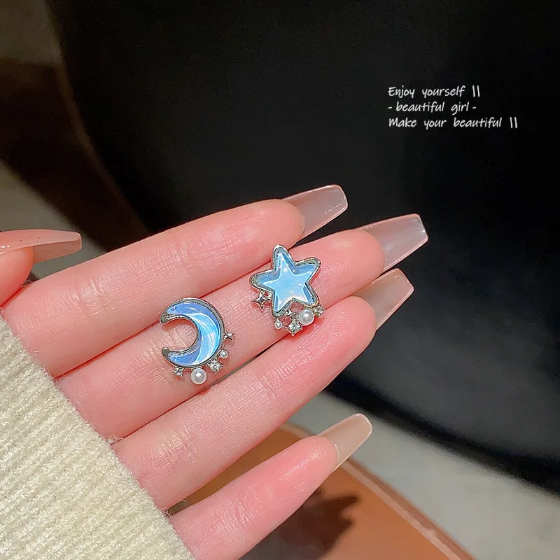 Sweet Lovely Blue Stars Moon Orecchini Female S925 Silver Needles Jewelry Temperament Pearl Ear Studs Accessori Per Le Orecchie All'Ingrosso