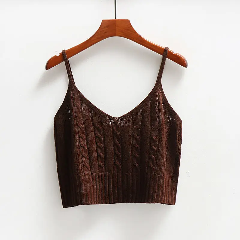 

Brown Lady Spring Fall V-neck Girl Women Sweater Camisole Sling Vest Loose Knit Outer Wear Leisure Clothing Coat Top Girls Cloth