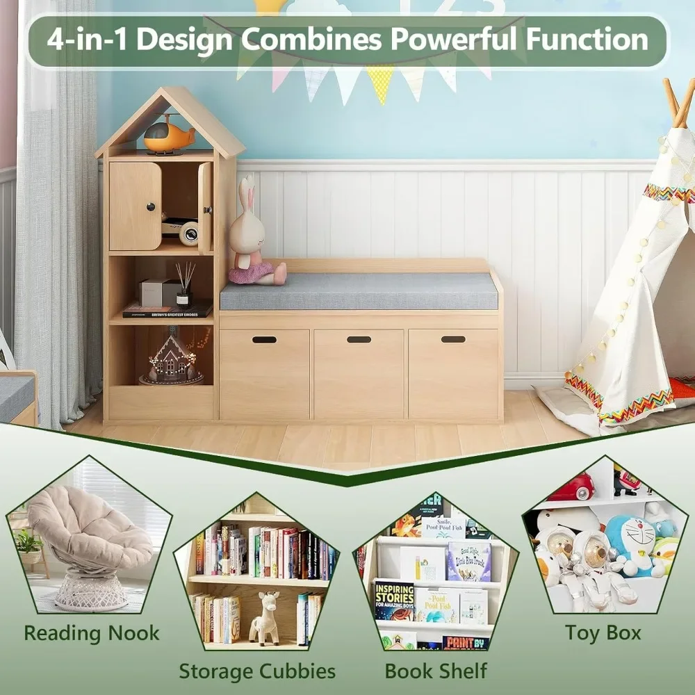Kids Bookcase and Bookshelf with Reading Nook, Toy Storage Organizer for Kids, Oak Castle Wooden Bookcase with 3 Open Storage 3