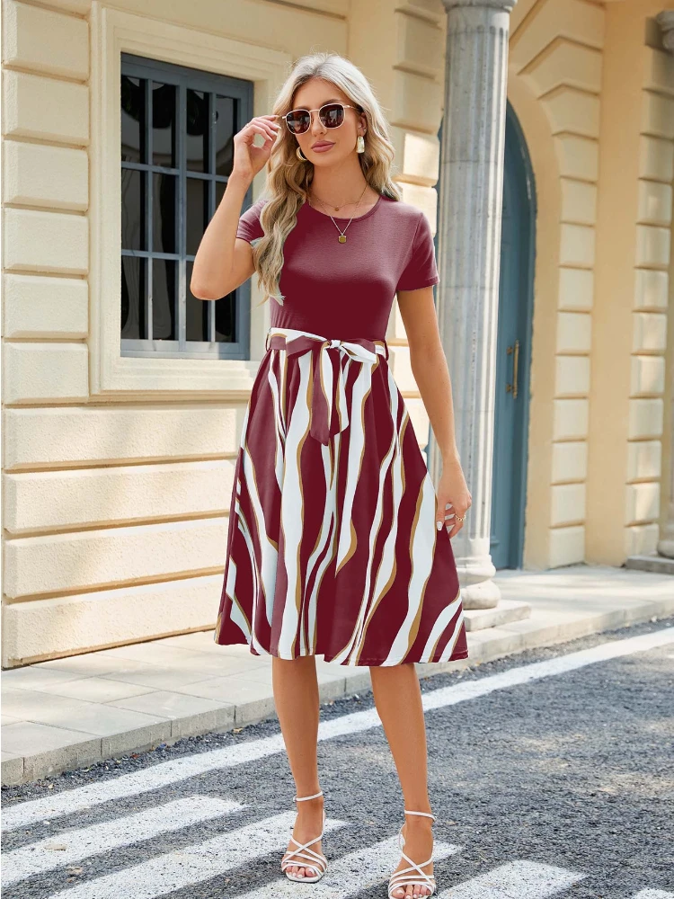 

Europe and America Spring and Summer Dress for Women 2024 New Round Neck Stitching Printed Short-sleeved Big Swing Dresses