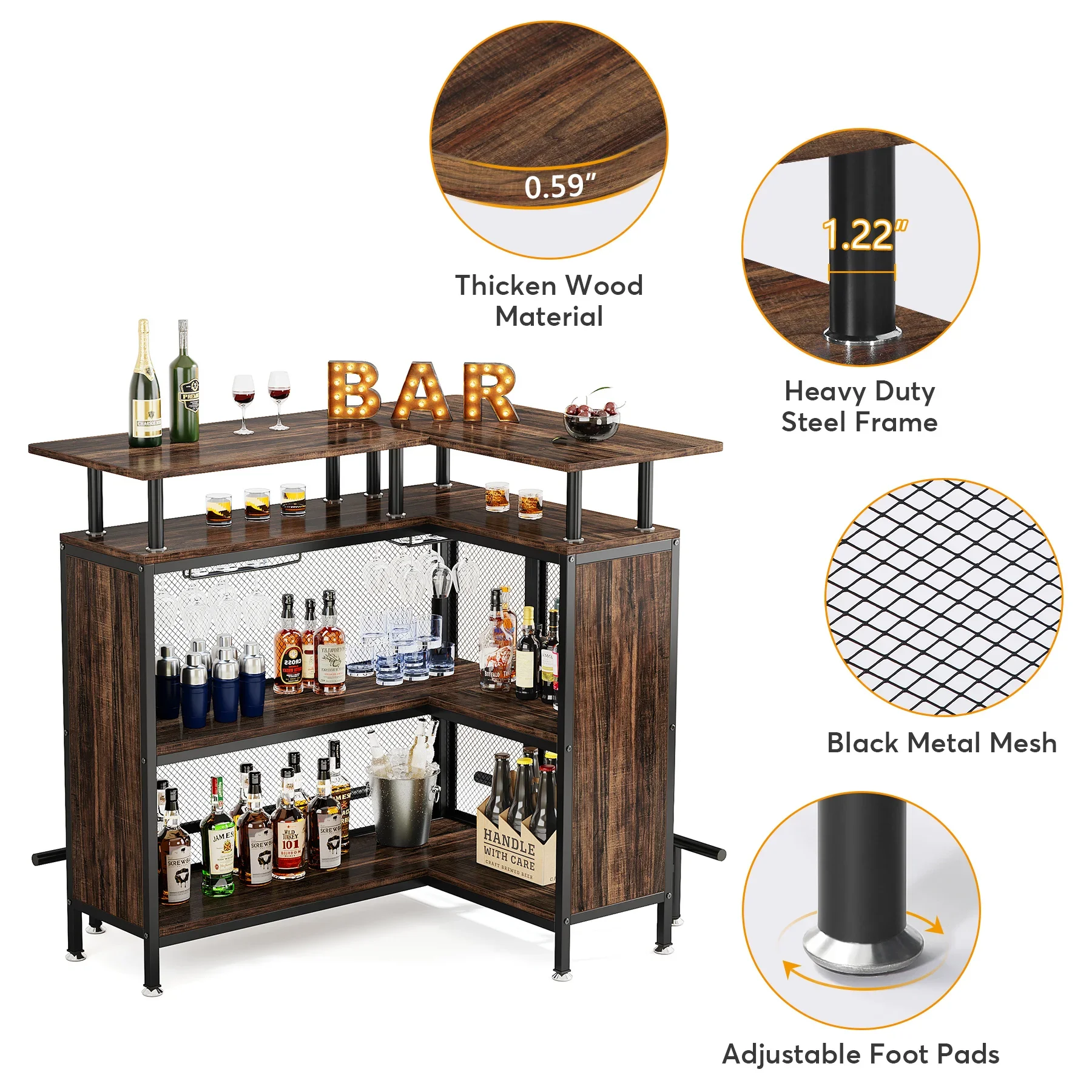 Tribesigns Home Bar Unit, L-Shaped Bar Table with Stemware Racks and 2-Tier Shelves, Corner Coffee Liquor Cabinet, Rustic Brown