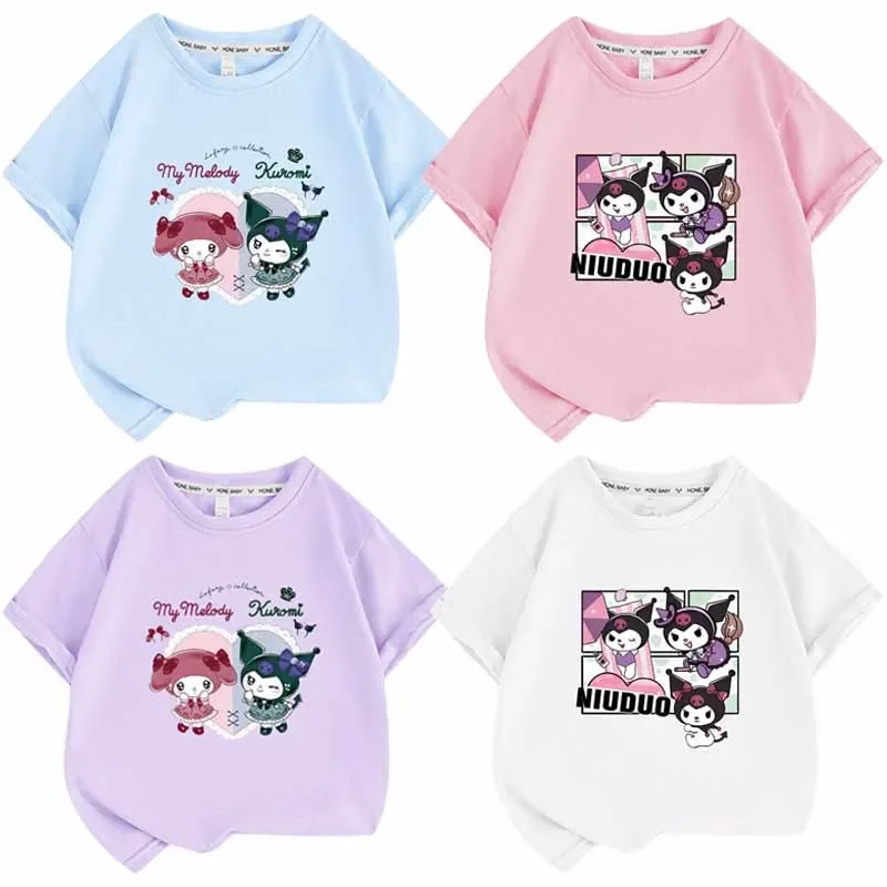 

Милые детские топы Sanrios с аниме, с коротким рукавом, с рисунком Kuromi My Melody, кавайная летняя одежда для мальчиков и девочек, футболка с коротким рукавом